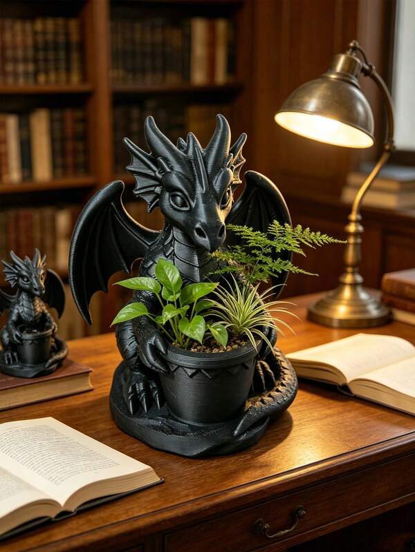 1 pieza Decoración de maceta con dragón de fantasía | Maceta con forma de mini dragón negro, adecuada para suculentas / plantas pequeñas, decoración estética para oficina / dormitorio / hogar