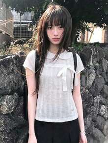 White Short Sleeve Blouse Women Summer Bow Tie Slim Fit Sweet Top - White - View 5