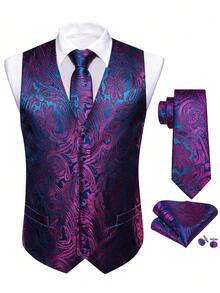 Men's Cashew Jacquard Single-Breasted Suit Vest - Hot Pink - View 5