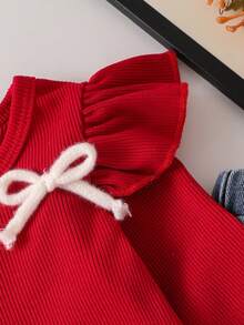 Baby Girl Spring/Autumn Vintage Red 3D Bow Cap Sleeve Top + 3D Bow Denim Wide Leg Pants 2pcs Set - Burgundy - View 5