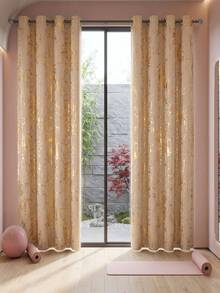 2pcs/Pack Beige, Black, Dark Green, High Precision Gold Foil Blackout Curtains, Grommet Design Room Darkening. Thermal Insulated Curtains, Suitable For Bedroom And Living Room. Available In Multiple Sizes - D Beige - View 14
