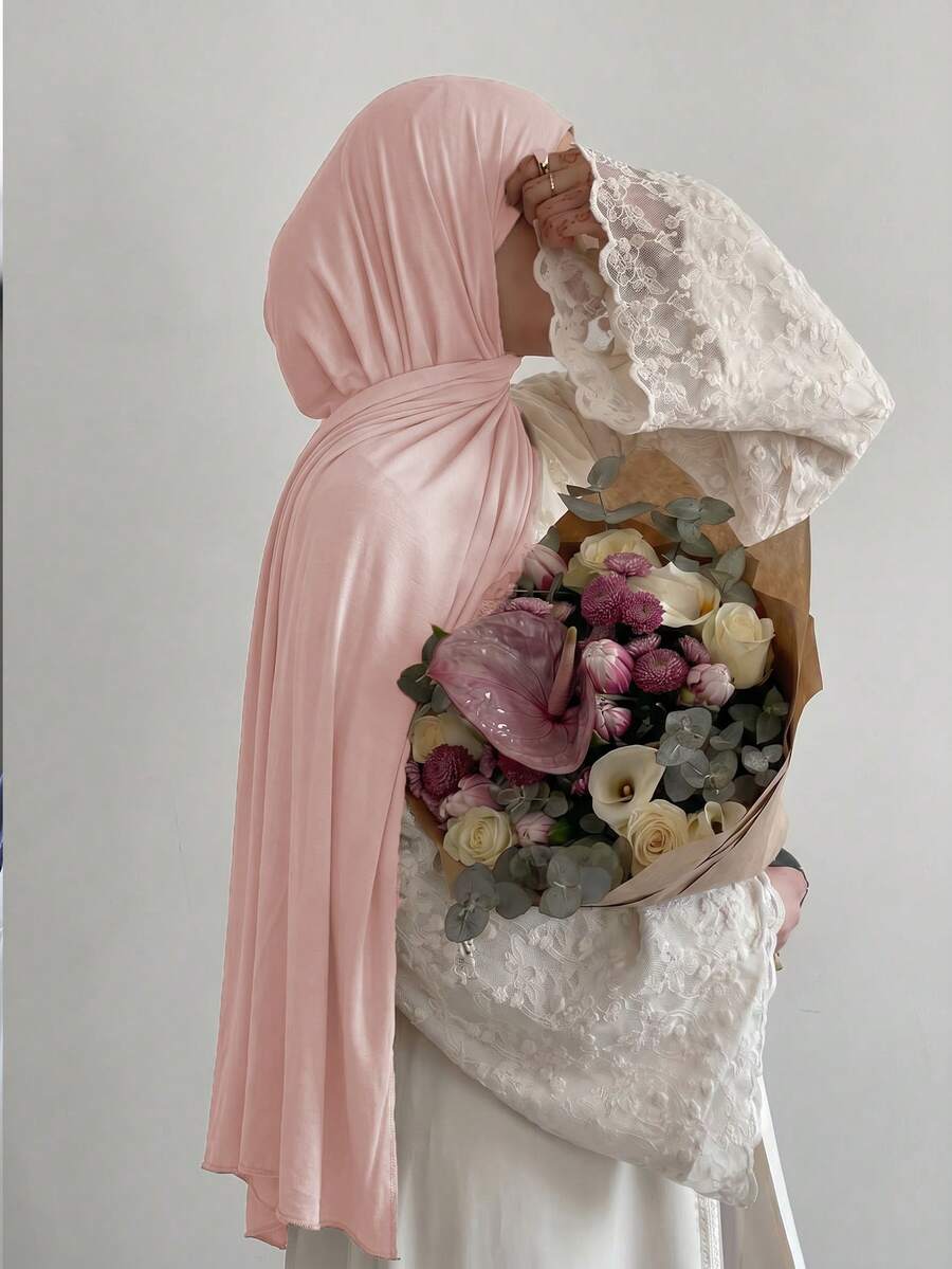 1件女款新款純色大尺寸希賈布頭巾長圍巾休閒柔軟 - 淺雪芽色 - 查看 1