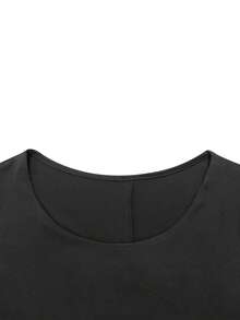 Plus Size Women Solid Color Round Neck Short Sleeve Double Layer Hem Top And Straight Leg Wide Leg Pants Casual 2-Piece Set, Loose And Black Elegant - Black - View 4