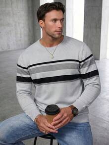GRDR 1pc Men's Autumn/Winter Casual Striped Knit Sweater - Grey - View 2