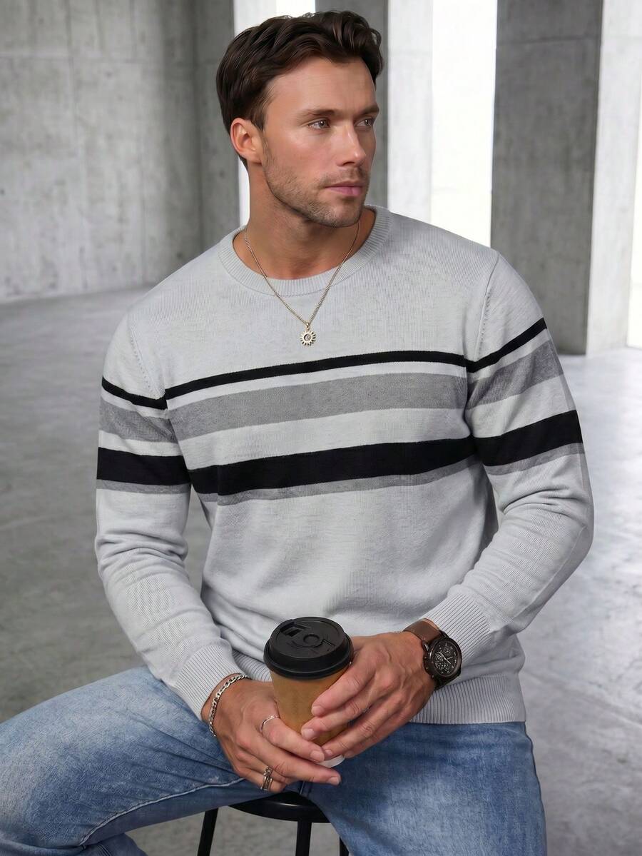 GRDR 1pc Men's Autumn/Winter Casual Striped Knit Sweater - Grey - View 1