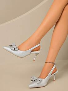 JABOOLINX Spring/Summer Women's One-Strap Buckle Bow Pointed Toe High Heel Sandals, Commuter Versatile Suede Closed Toe Pumps - Silver - View 5