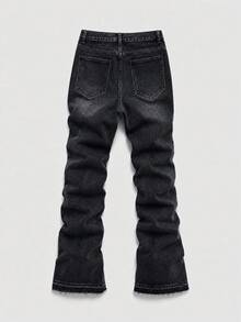 Jeans acampanados para hombres BAZR, pantalones vaqueros de ajuste slim, jeans de campana con parches, jeans apilados Y2K, jeans bordados desgastados, aptos para todas las estaciones - Negro - Ver 2