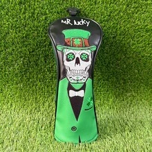 St. Patrick's Day Lucky Four-Leaf Clover & Skull Embroidered Golf Club Headcover, Good Luck Design, Unique Eye-Catching Golf Accessory Gift - Black - View 8