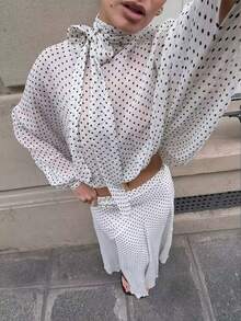 Women's Polka Dot Chiffon Two Pieces Set Tie Neck Batwing Sleeve Top High Waist Flowy Long Skirt Elegant White - White - View 5