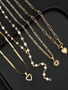 4pcs Vintage Elegant Fashion Heart Faux Pearl Necklace Set, Snake Chain Versatile Minimalist Layered Wear, Suitable For Women Summer Beach, Vacation, Party, Festival, Wedding, Date, Daily Wear, Gift For Mom And Friends - Yellow Gold - View 2