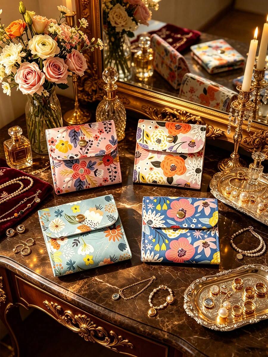 1/5/10/20pcs Fresh Floral Snap Button Jewelry Bags, Made Of Soft And Durable Fabric, Paired With Exquisite Gold Snap Buttons, Compact And Space-Saving.