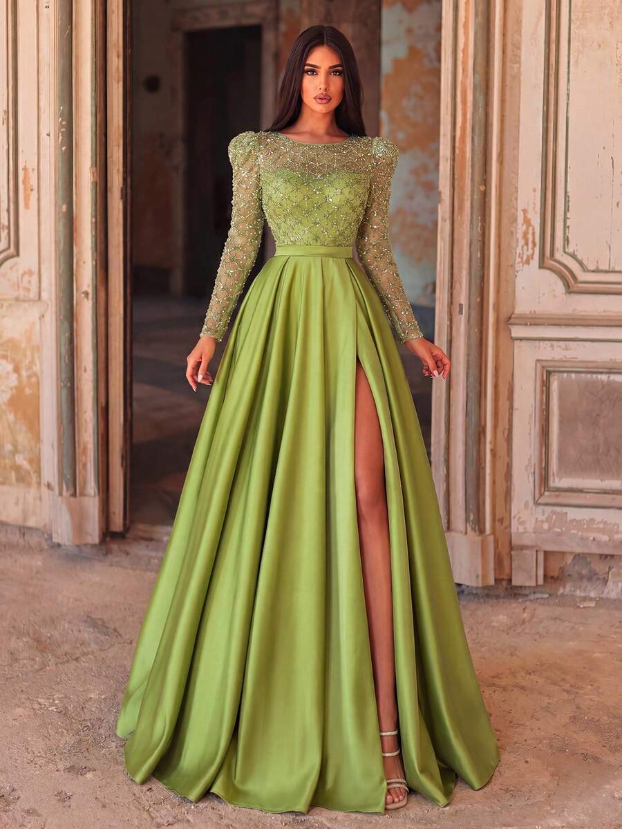 Gaun Malam Maxi Elegan Lengan Panjang Leher Bulat Belahan Tinggi Model A-Line Rok Penuh untuk Pesta Liburan Pernikahan Musim Gugur