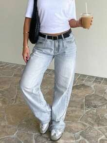 Quần jeans nữ dáng suông rộng rãi kiểu boyfriend, phong cách thường ngày, thích hợp cho mùa xuân. - Rửa nhẹ - Xem 5