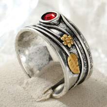 Vintage Floral Leaf Wide Band Ring, Women's Multi-Layer Streamlined Grape Relief Design, Red Synthetic Zirconia Decor, Suitable For Daily Commute, Travel, Date And Atmosphere Accessory - Multicolor - View 2