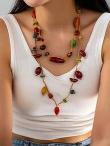 1/2 Pcs Handmade Bohemian Earth Tone Beads Charm Necklace For Women, Summer Boho Layered Statement Necklace, Jewelry - Multicolor - View 9