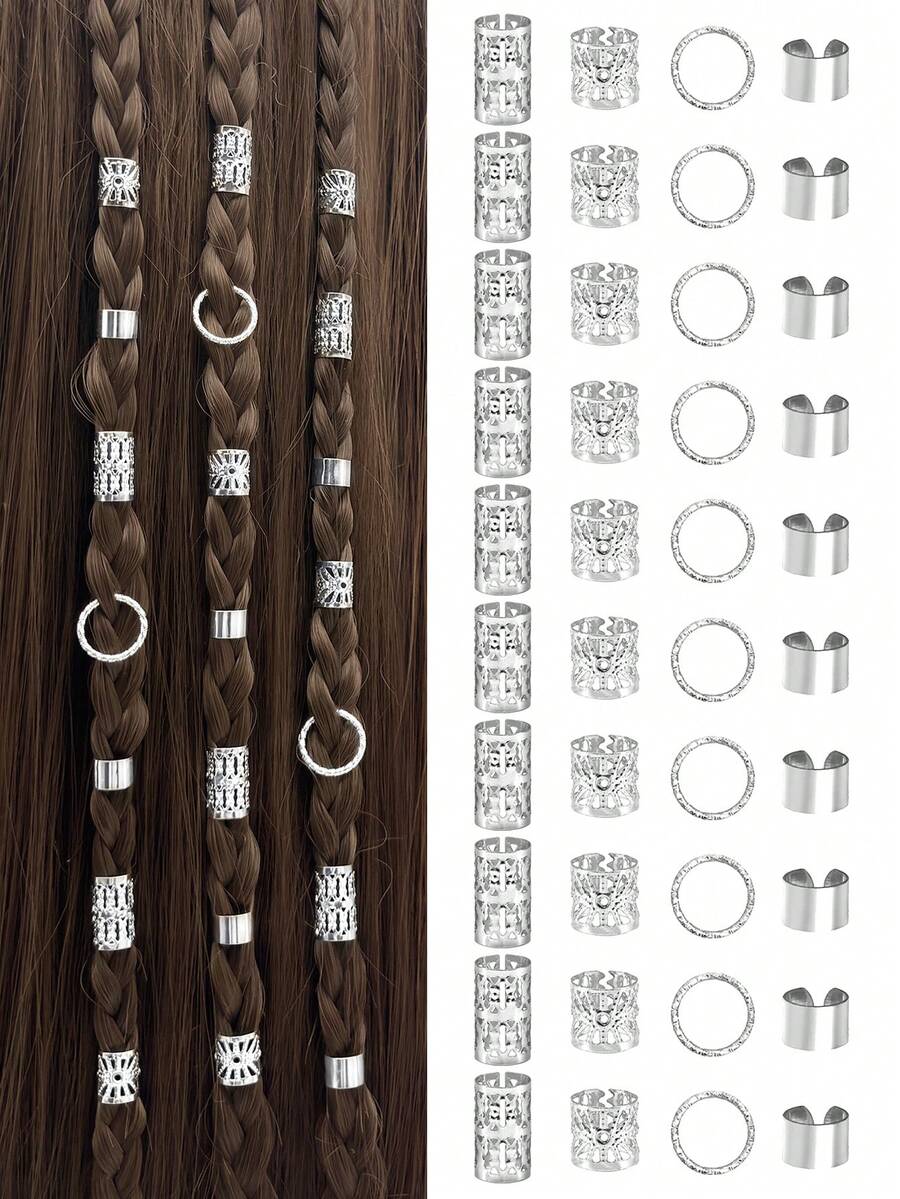 40pcs/Set Vintage Hollow Silver Alloy Hair Rings, Hair Clips, Hair Accessories For Summer Braids