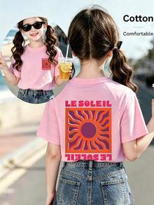 6-12 Years Old Girls Summer Top, Sun Print T-Shirt, Vacation Travel Beach Outfit - Light Wine Red - View 1