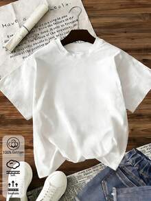 Damen-T-Shirt in Unifarbe mit Rundhalsausschnitt, kurzen Ärmeln und taillierter Passform, kurzes Schnitt, ideal für Frühling/Sommer, Freizeitkleidung, Streetwear, Y2K-Stil, Painted Kitten - Weiss - Übersicht 6