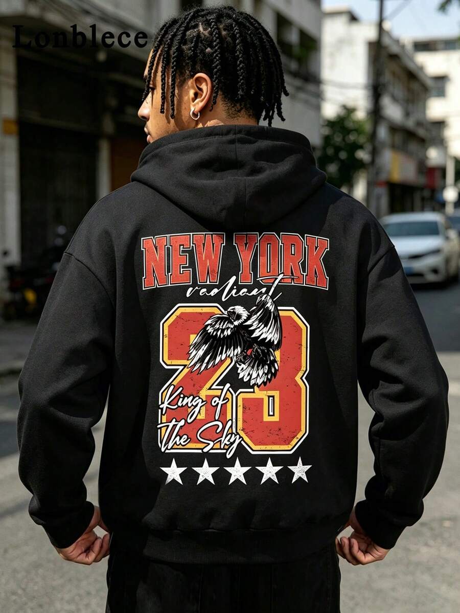 Lonblece Men's Hooded Sweatshirt, Black Retro Print, Suitable For Casual Wear In Autumn And Winter - Black - View 1