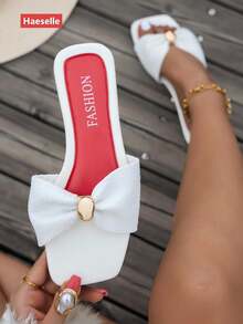 Nuevas sandalias planas de punta cuadrada para mujer, diseño de lazo fresco, hebilla dorada de alta gama, deslizamiento fácil, mezcla y combina, de una sola correa para casa primavera/verano exterior, estilo casual de vacaciones moda playa - Blanco - Ver 14