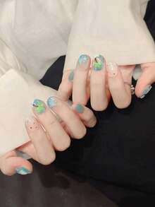 10Pcs Handmade Short Square Press On Nails Summer Ocean Beach Style Blue Gradient Cat Eye False Nails With 3D Starfish Seashell Coconut Tree Pearl Glitter Design Reusable Gel Nail Stickers For Vacation Daily Manicure - Multicolor - View 4