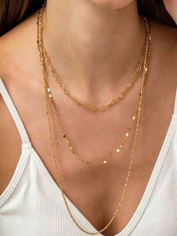1 pièce Collier en acier inoxydable, ne se décolore pas, chaîne simple à 3 couches pour femmes, chaîne creuse en forme de cœur, chaîne fine et plate avec paillettes brillantes, collier de clavicule 18k pour l'été, convient pour les trajets quotidiens, les rendez-vous, les vacances, cadeau de fête