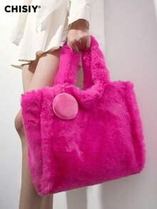 CHISIY 2 PCS Pink Fluffy Tote Bag Ultra Soft Faux Fur Handbag Perfect For Shopping, Casual Outings, Office, And Social Events Chic Pink Color, Cozy Texture - Hot Pink - View 1