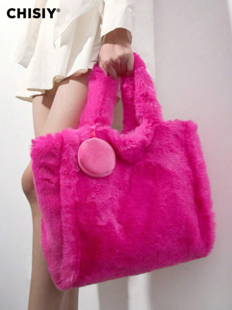 CHISIY 2 PCS Pink Fluffy Tote Bag Ultra Soft Faux Fur Handbag Perfect For Shopping, Casual Outings, Office, And Social Events Chic Pink Color, Cozy Texture - Hot Pink - View 1