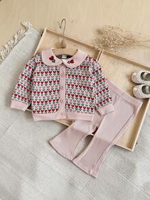 Bộ 2 món cho bé gái gồm áo cardigan tay dài cổ Peter Pan họa tiết jacquard hình trái tim và quần ống loe, trang phục thường ngày - Hồng - Xem 11