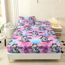 3pcs Princess Style Pink-Blue Gradient Unicorn Pattern Printed Bedding Set (1 Fitted Sheet + 2 Pillowcases, Pillow Inserts Not Included), 90g Soft Polyester Fiber Breathable Mattress Protector, Quick-Dry Water-Resistant Non-Fading, High Elasticity Non-Slip Washable Fitted Sheet Suitable For Apartment Dorm, Home Bedroom Decor - Multicolor - View 6