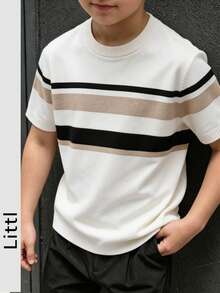 Little Boy Round Neck Color Block Striped Knit Short Sleeve Top, Casual Lightweight Pullover Sweater, Suitable For Spring, Autumn And Summer Daily Wear - Apricot - View 6