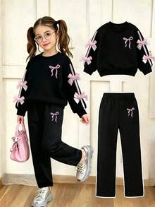 Young Girl Ribbon Bow Decor Round Neck Long Sleeve Top And Long Pants - Black - View 6