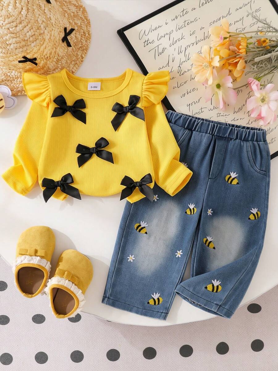 Setelan 2 Potong Musim Semi/Musim Gugur yang Enerjik dan Kasual untuk Bayi Perempuan, Atasan Kaos Lengan Panjang Bergaris Kuning Cerah + Celana Panjang Denim Gradien Berwarna Hitam dengan Hiasan Pita 3D dan Bordir Lebah & Bunga - Kuning - View 1