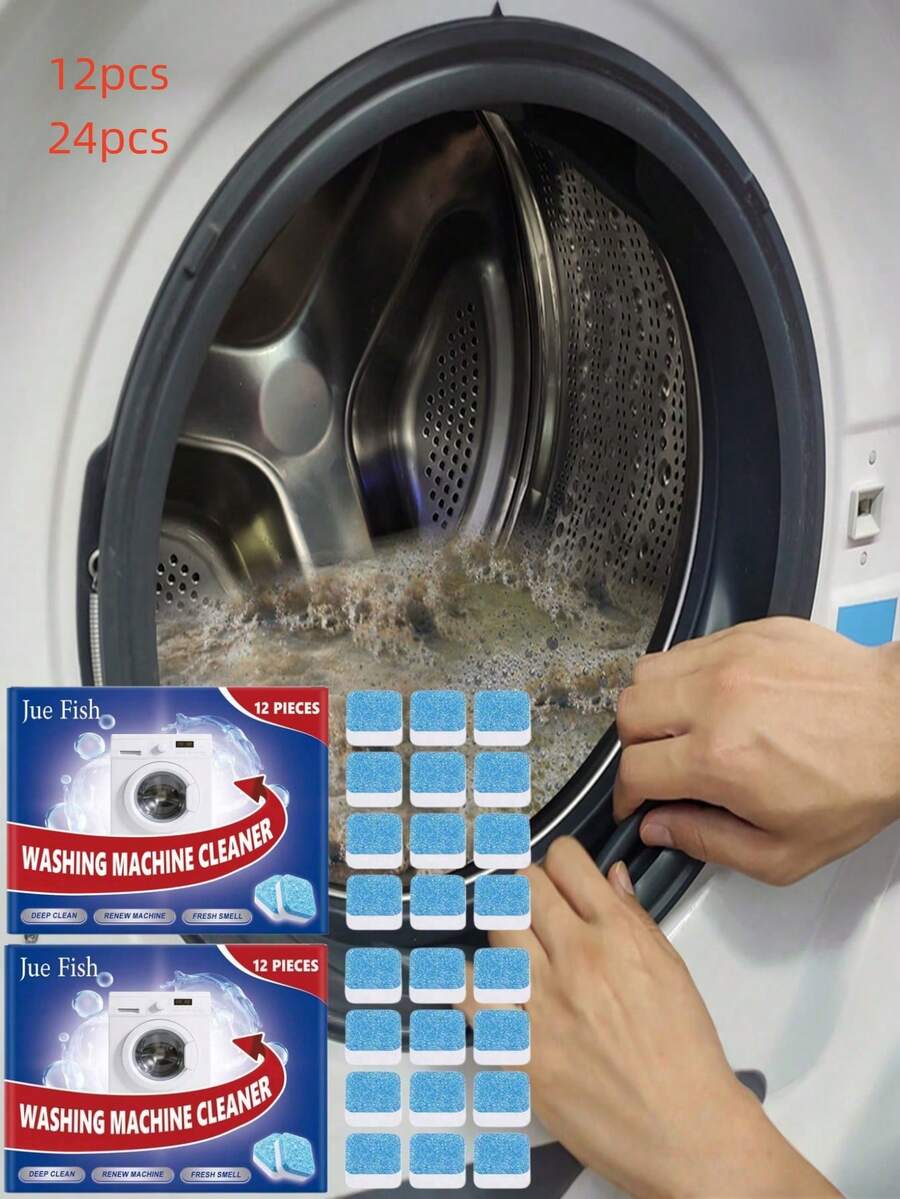 JUE FISH Washing Machine Cleaning Tablets, Suitable For Top-Loading And Front-Loading Washing Machines, Removes Odors, Hard Water Stains, Limescale, Soap Scum And Lint, Amazing Effect, Lemon Scent, New And Old Models Randomly Shipped - Solid State - View 1