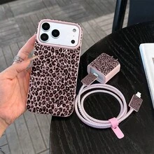 6件組粉色豹紋手機殼 + 充電頭保護套 + 數據線保護套 + 收納繩 + 數據線保護繩 TPU 防震保護殼，適用於 iPhone 6 7 8 XXs XR XS Max 11 12 13 14 15 16 17 Pro Max，適合作為情侶、女性、女兒、男朋友、女朋友、青少年女孩的生日與聖誕禮物 - 彩色 - 查看 4