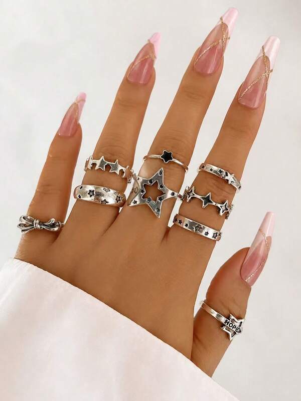 9pcs/Set Aesthetic Star Bowknot Ring Set, Women's Metal Multiple Stackable Finger Rings Everyday Jewelry