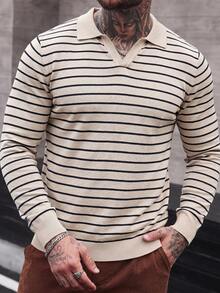 Men's Striped Knit Polo Sweater Long Sleeve Casual Apricot - Apricot - View 1