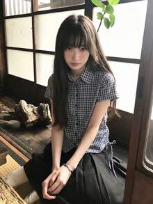 韓系街頭風夏季抽繩顯瘦格紋短袖襯衫 - 藍色 - 查看 4