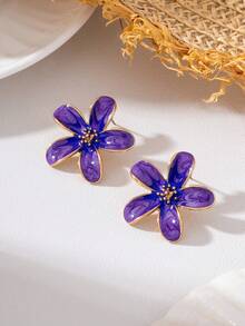 1 Pair Fashion Minimalist Floral Oil Drop Stud Earrings For Women Daily Wear - Purple - View 2