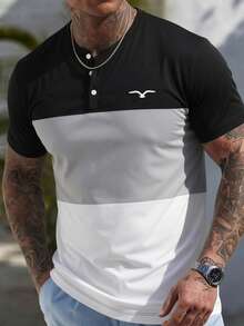 Men's Summer Fashion Versatile Black Grey White Colorblock Goose Print Button Short Sleeve T-Shirt - Multicolor - View 4