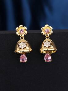 1 Pair Exquisite Elegant Jhumka Copper Zirconia Flower Earrings, Gold Fashion Bell Earrings With Pink Teardrop Sparkling Rhinestones Jhumki, Suitable For Girls, Women Daily, Festival, Wedding And Party Wear/Jewelry Gift - Classic - View 5