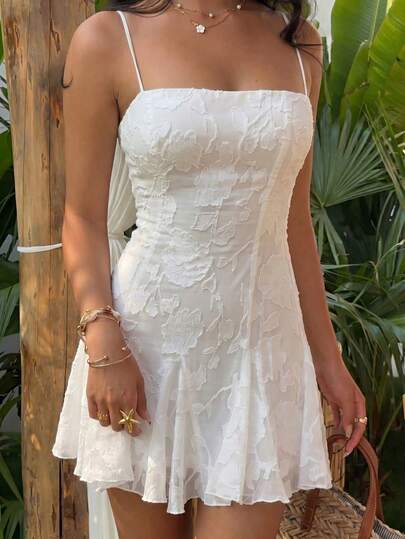 Sexy Fashionable Halter Tie-Up Backless Jacquard Fabric Mini Dress With Lining, New Spring/Summer Vacation Wear Dress Elegant White
