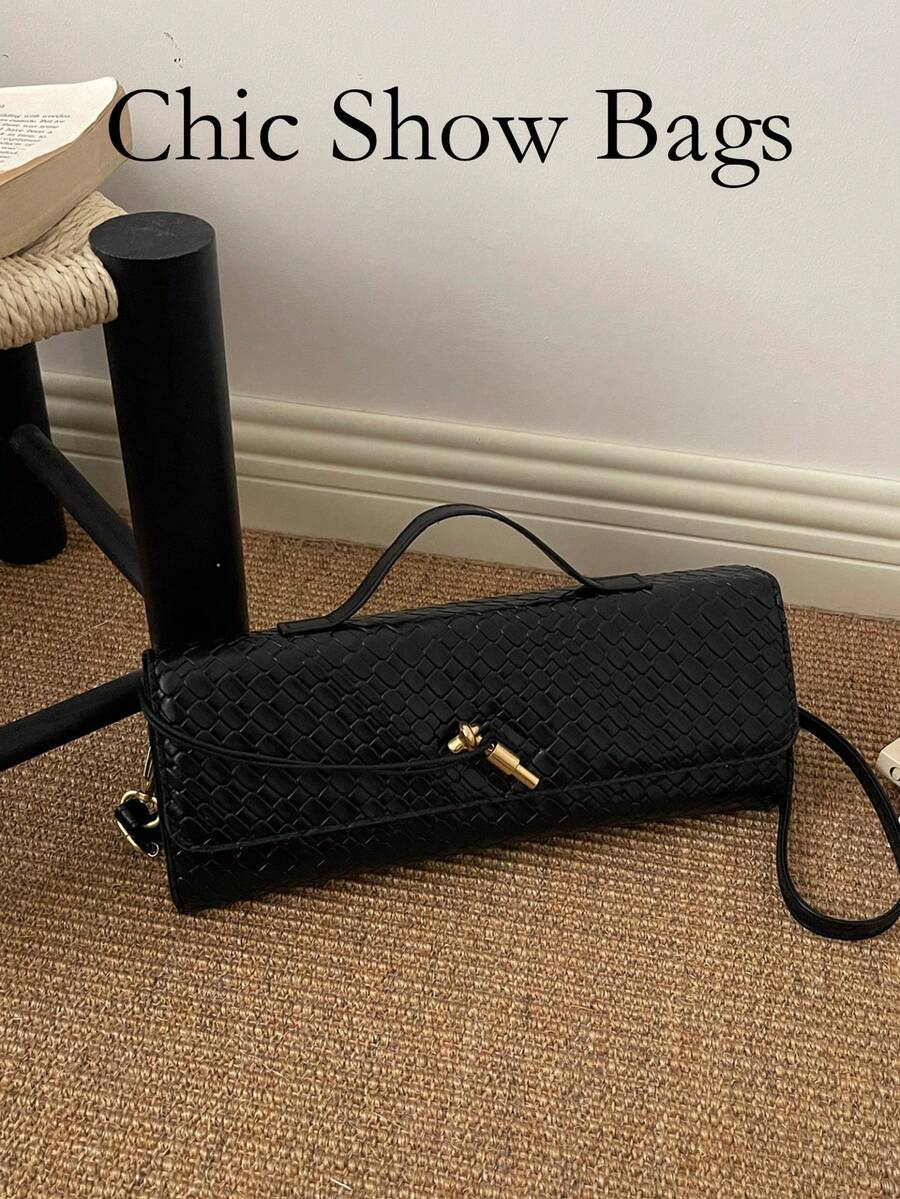 Women's Woven Evening Clutch, Rectangular Handbag With Top Handle And Detachable Crossbody Strap, Vintage Minimalist Shoulder Bag, Suitable For Parties And Daily Commute - Black - View 1