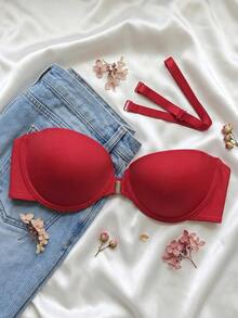 1PC Women's Halter Neck Front Closure Underwire Bra Anti-Slip Adjustable Push Up Bra - Red - View 7