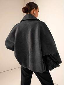 Women's Plus Size Shawl Collar Batwing Sleeve Jacket With Pockets, Warm Lining, Winter Fashion Choice - Dark Grey - View 3