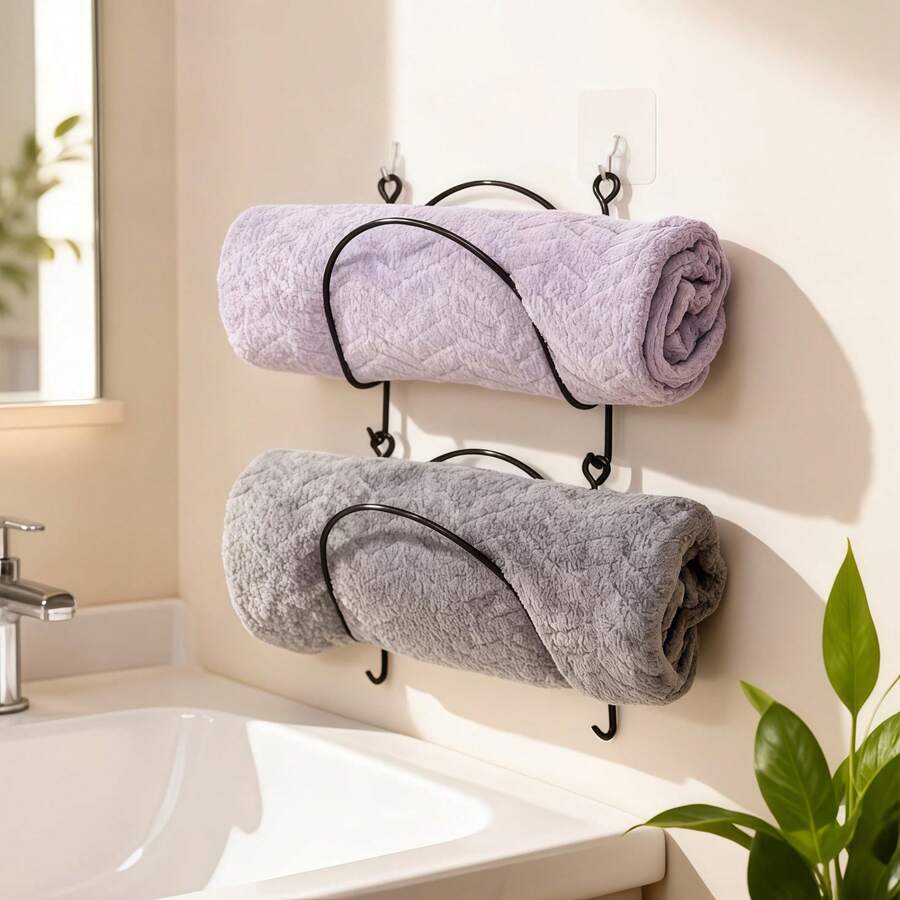 Black Double Layer Wall-Mounted Towel Rack (With 4 Hooks), Rust-Proof Metal Bathroom Storage Rack, Designed For Rolled Towels And Toiletries, Space-Saving Storage Solution For Small Bathrooms