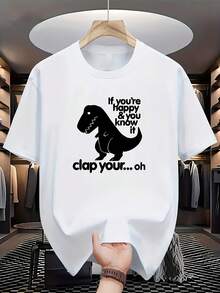White Short-Sleeved T-Shirt/Displayed In A Fashion Cloakroom Scene: Decorated With A Black Cartoon Tyrannosaurus Rex Silhouette And Humorous Text "If - Black - View 7