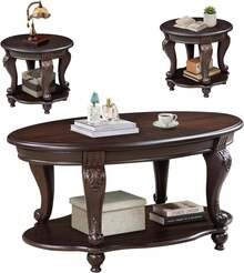 LKTART - Juego de mesa de centro de madera con estante de almacenamiento, mesas de café ovaladas y mesa auxiliar redonda para sala de estar, granja, patas talladas elegantes antiguas, fácil montaje - Mesa de centro natural antigua - Ver 11