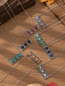 European And American Bohemian Style Women's Vintage Fashion Personalized Rectangular Multicolor Stone Necklace, Suitable For Spring And Summer Clothing Matching, Holidays And Other Occasions - Purple - View 1
