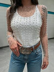 Women's Sheer, Sparkling Pearl And Rhinestone Embellished Top, Round Neck, Long Sleeves, Sheer Mesh Blouse, Suitable For Wedding Guests. - 裸體 - 查看 1